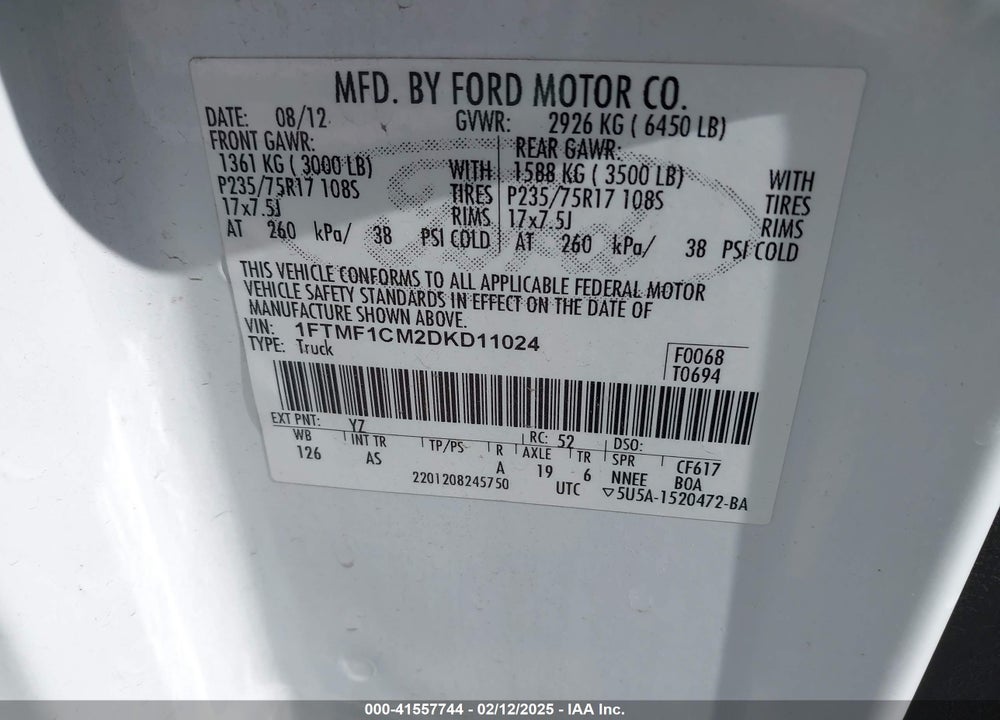 2013 FORD F-150 VIN: 1FTMF1CM2DKD11024