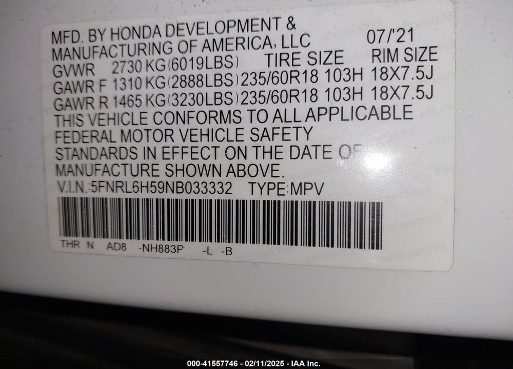 2022 HONDA ODYSSEY VIN: 5FNRL6H59NB033332