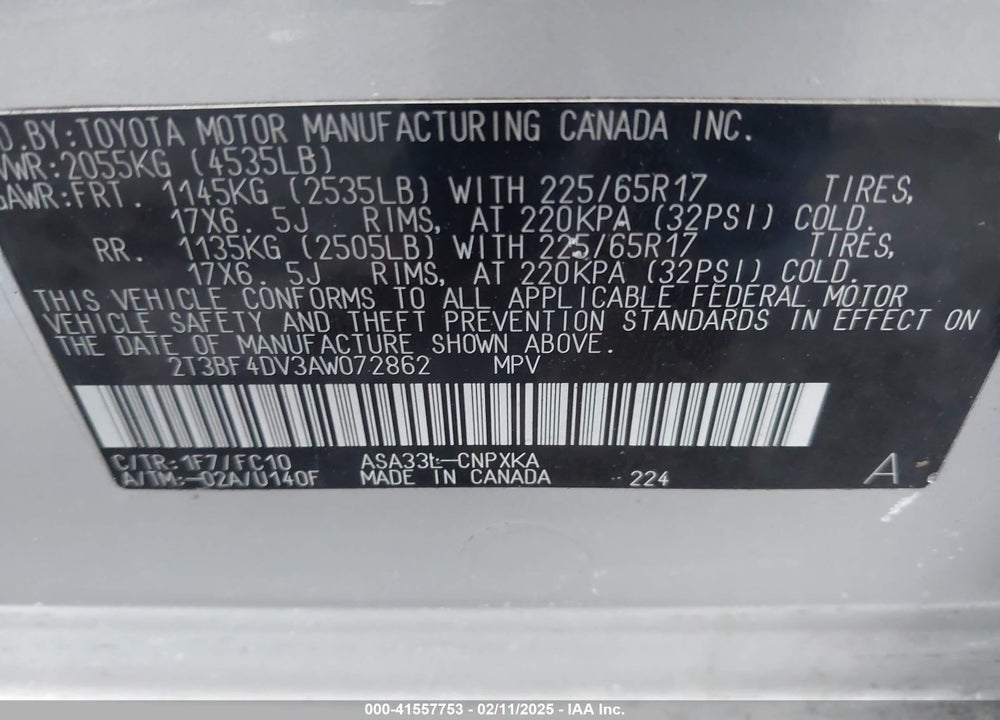 2010 TOYOTA RAV4 VIN: 2T3BF4DV3AW072862