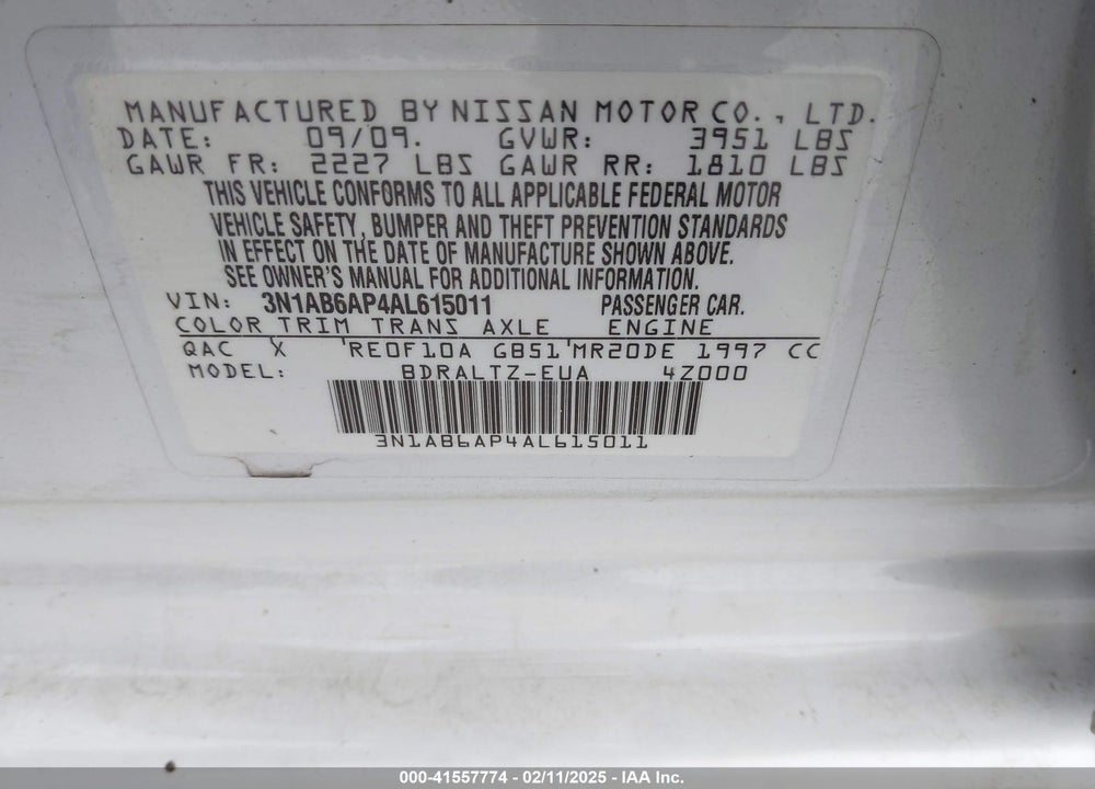 2010 NISSAN SENTRA 2.0SR VIN: 3N1AB6AP4AL615011