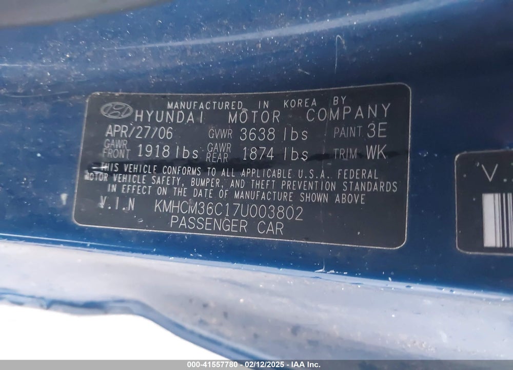 2007 HYUNDAI ACCENT GS VIN: KMHCM36C17U003802