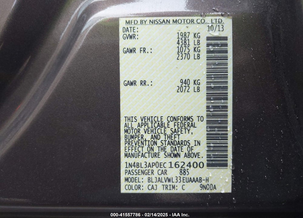 2014 NISSAN ALTIMA 3.5 SL VIN: 1N4BL3AP0EC162400