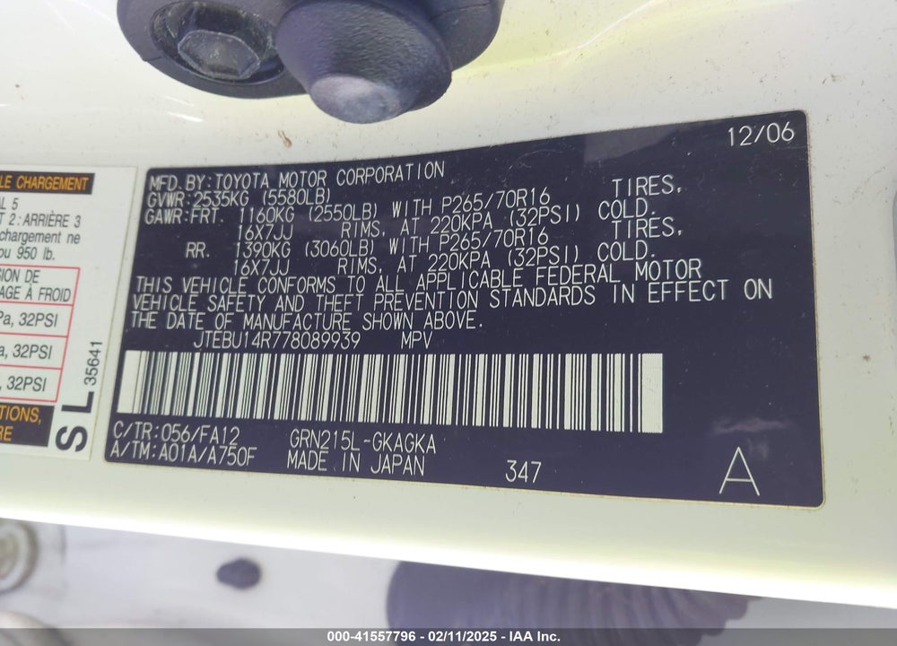 2007 TOYOTA 4RUNNER SR5 V6 VIN: JTEBU14R778089939