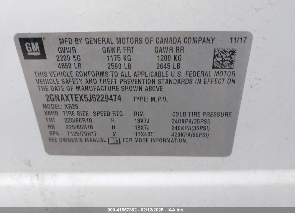 2018 CHEVROLET EQUINOX LT VIN: 2GNAXTEX5J6229474