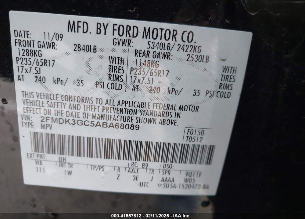 2010 FORD EDGE SE VIN: 2FMDK3GC5ABA68089