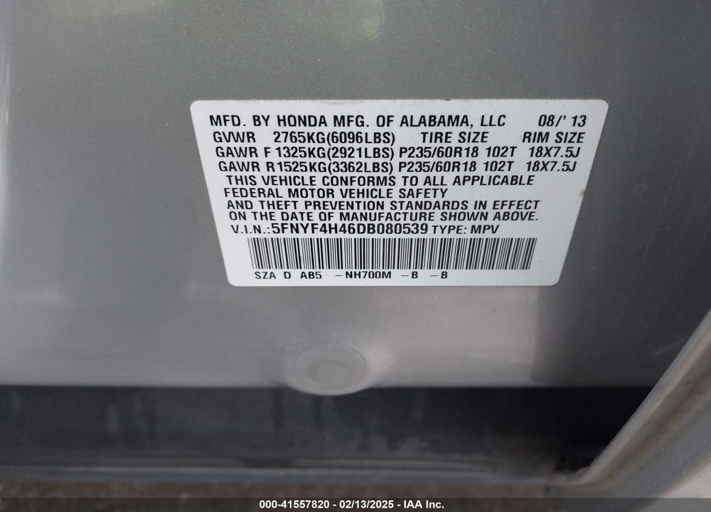 2013 HONDA PILOT EX VIN: 5FNYF4H46DB080539