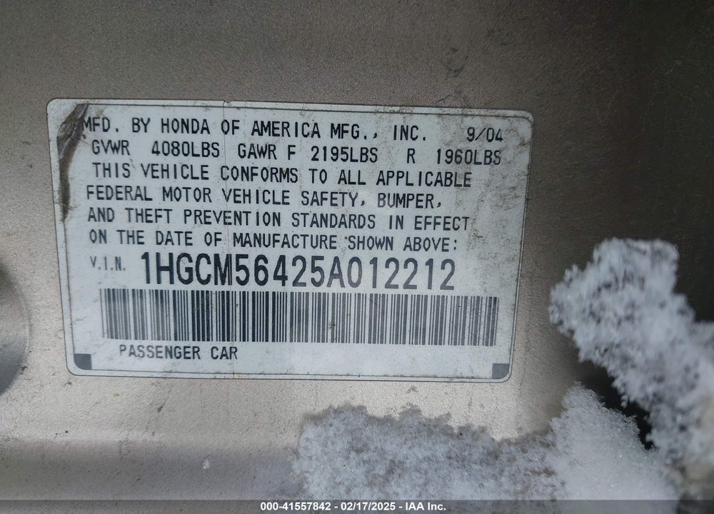2005 HONDA ACCORD 2.4 LX VIN: 1HGCM56425A012212