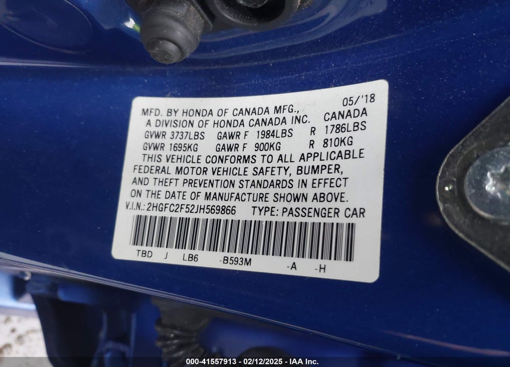 2018 HONDA CIVIC SEDAN VIN: 2HGFC2F52JH569866