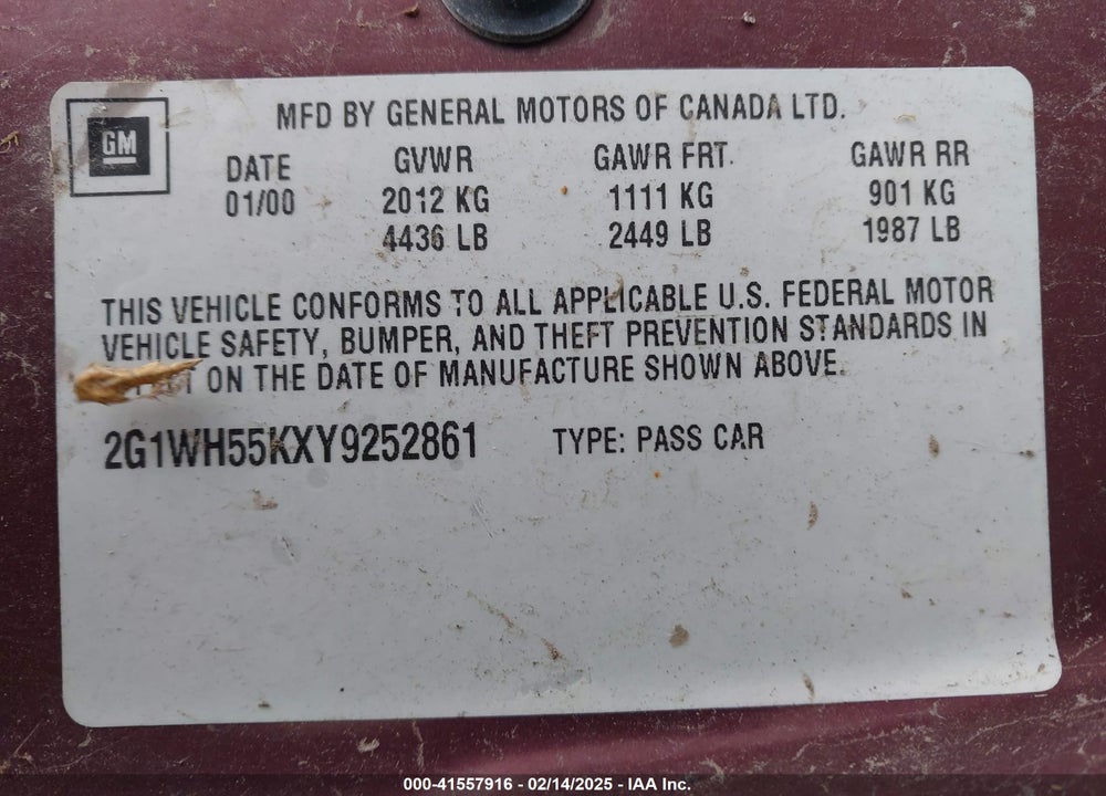2000 CHEVROLET IMPALA LS VIN: 2G1WH55KXY9252861