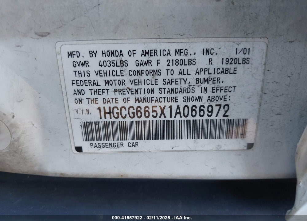2001 HONDA ACCORD 2.3 LX VIN: 1HGCG665X1A066972