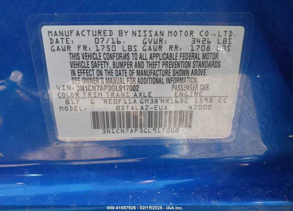 2016 NISSAN VERSA VIN: 3N1CN7AP3GL917002