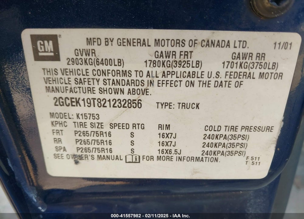 2002 CHEVROLET SILVERADO 1500 LS VIN: 2GCEK19T821232856