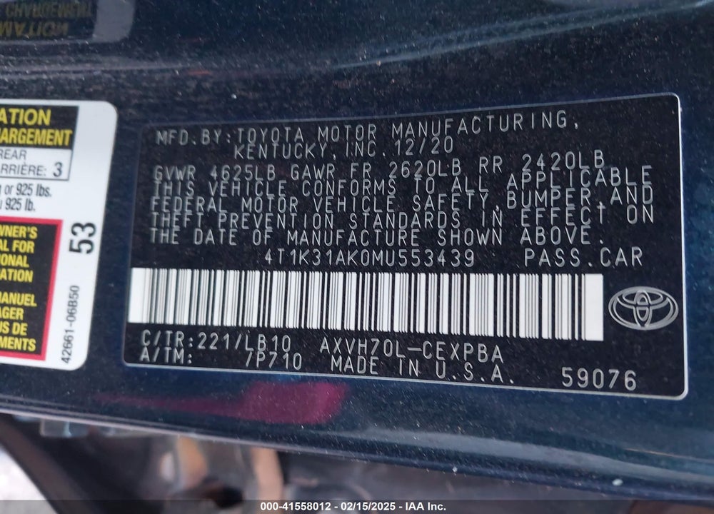 2021 TOYOTA CAMRY VIN: 4T1K31AK0MU553439