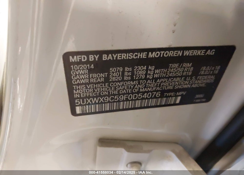 2015 BMW X3 XDRIVE28I VIN: 5UXWX9C59F0D54076
