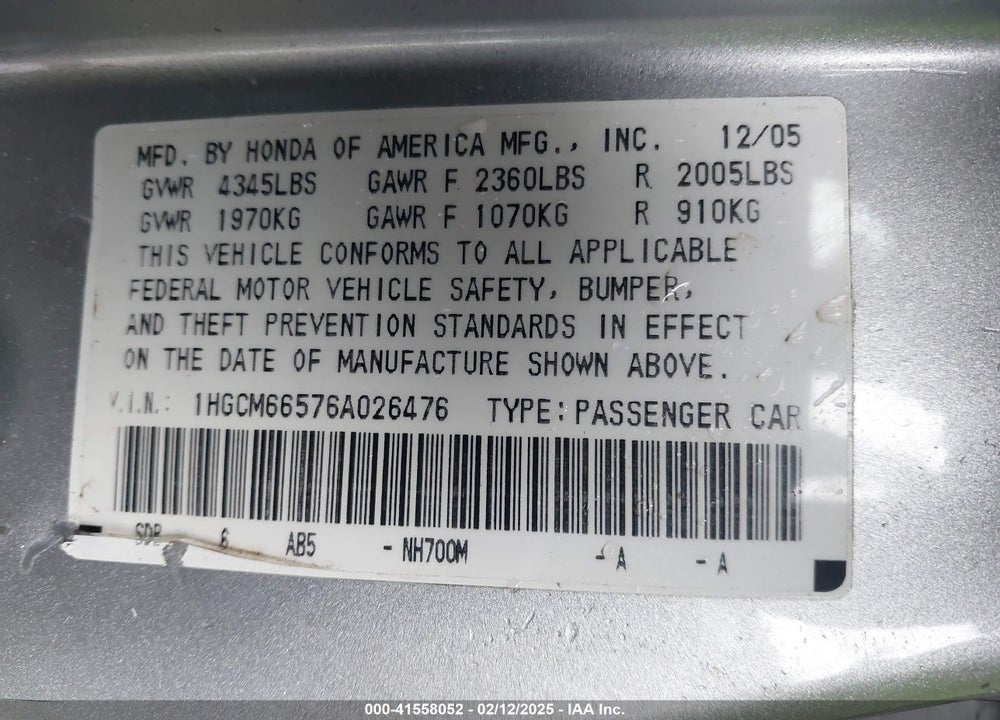 2006 HONDA ACCORD 3.0 EX VIN: 1HGCM66576A026476