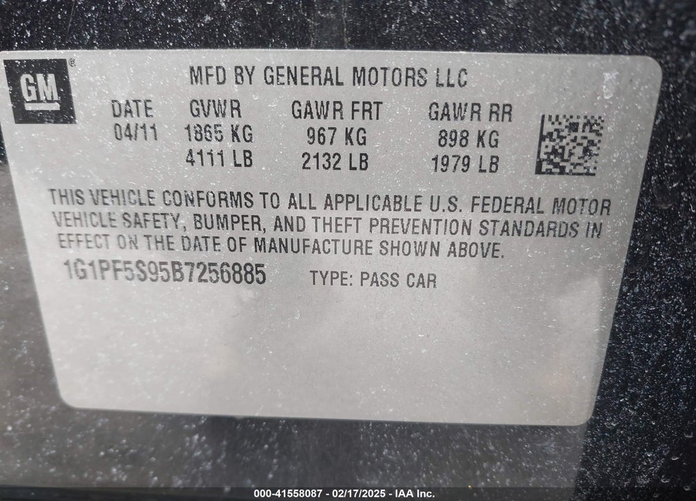 2011 CHEVROLET CRUZE VIN: 1G1PF5S95B7256885
