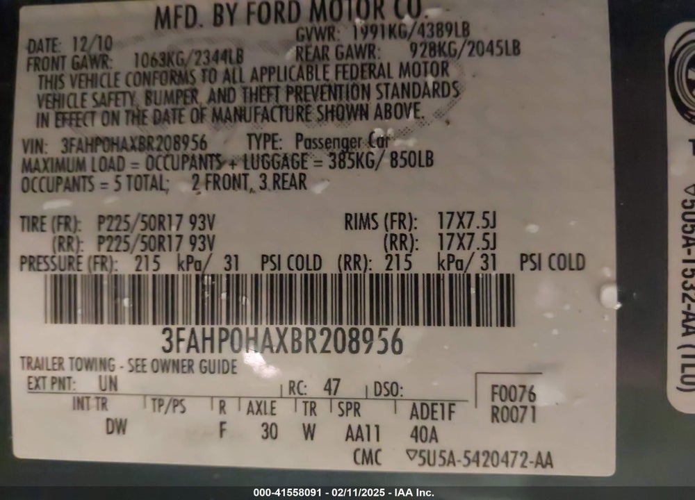 2011 FORD FUSION SE VIN: 3FAHP0HAXBR208956