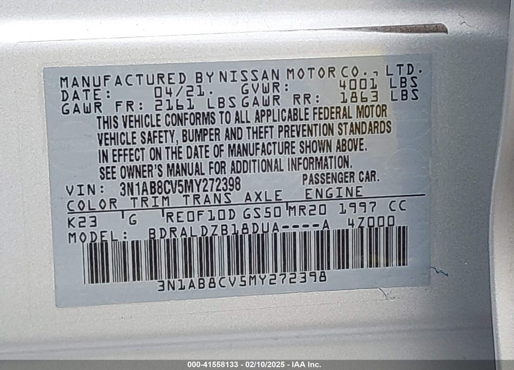 2021 NISSAN SENTRA VIN: 3N1AB8CV5MY272398