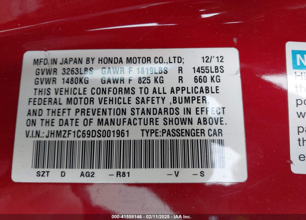 2013 HONDA CR-Z EX VIN: JHMZF1C69DS001961
