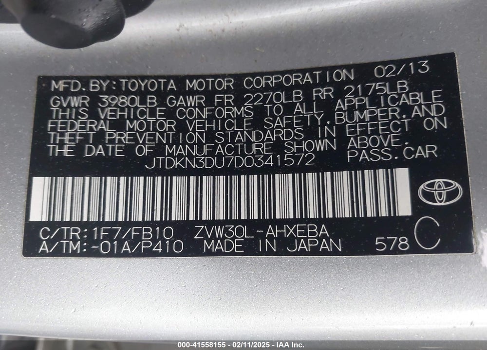 2013 TOYOTA PRIUS VIN: JTDKN3DU7D0341572