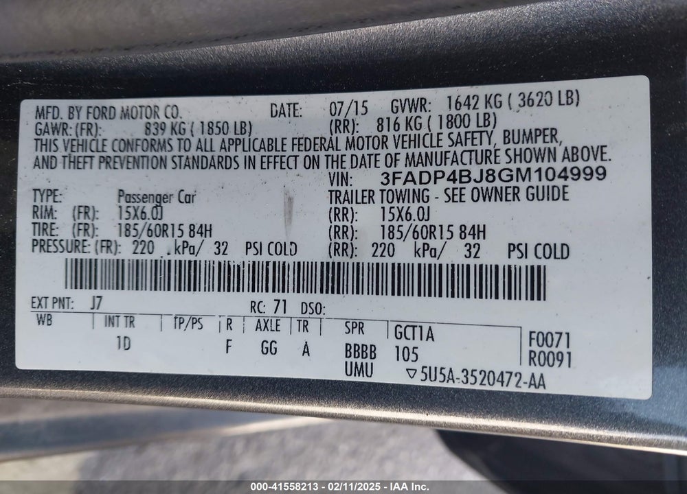 2016 FORD FIESTA VIN: 3FADP4BJ8GM104999