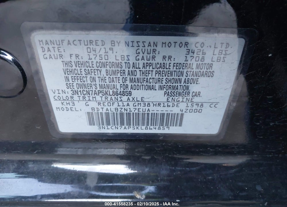 2019 NISSAN VERSA VIN: 3N1CN7AP5KL864859