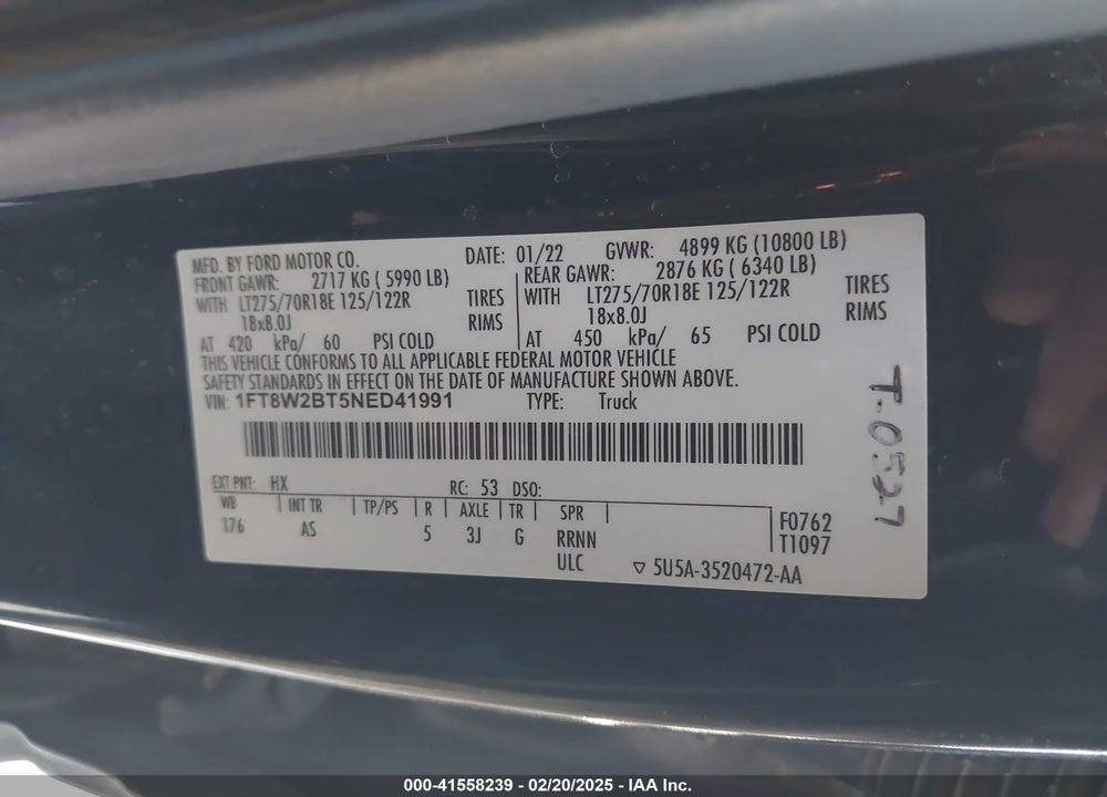 2022 FORD F-250 XL VIN: 1FT8W2BT5NED41991