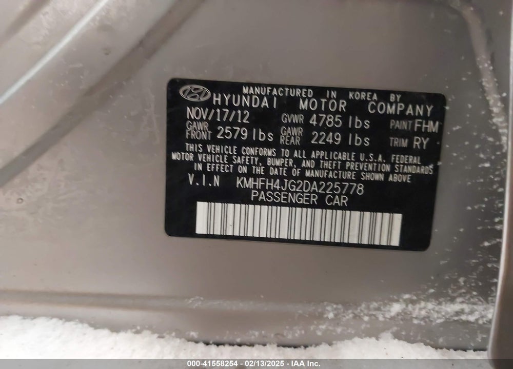 2013 HYUNDAI AZERA VIN: KMHFH4JG2DA225778