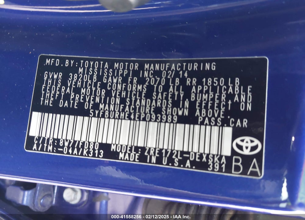 2014 TOYOTA COROLLA VIN: 5YFBURHE4EP093989