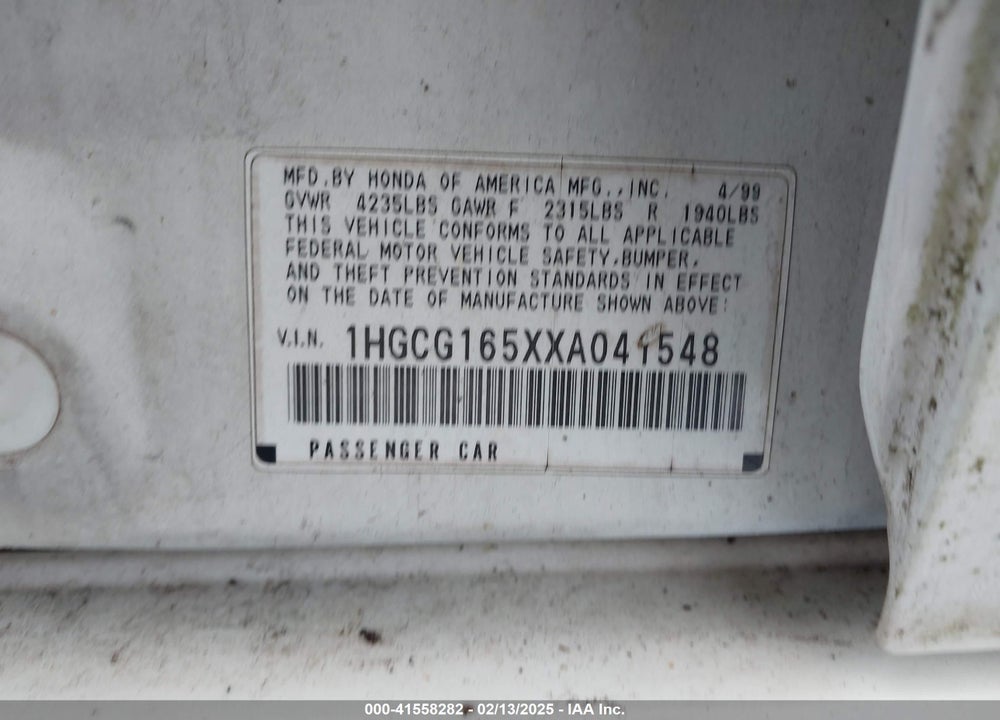 1999 HONDA ACCORD EX V6 VIN: 1HGCG165XXA041548