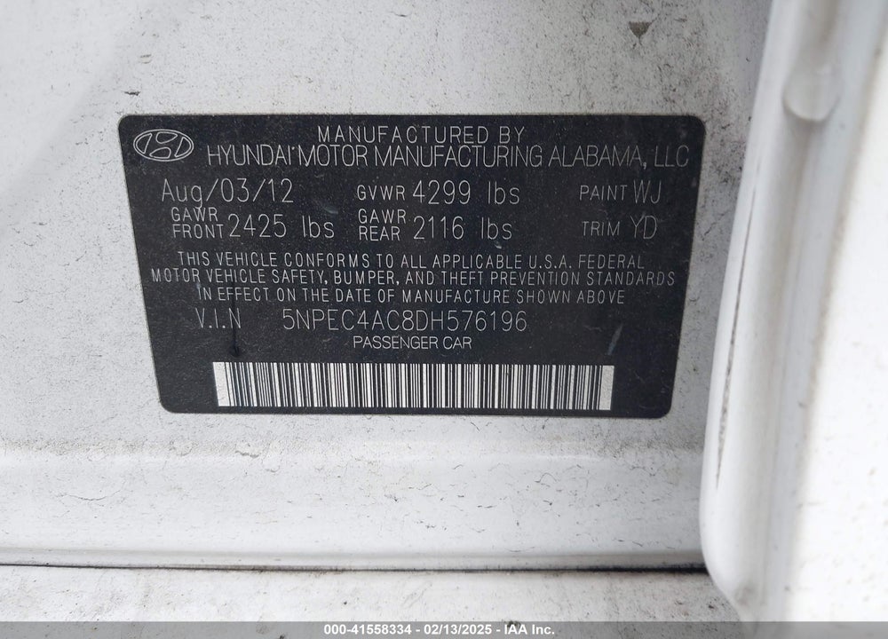 2013 HYUNDAI SONATA VIN: 5NPEC4AC8DH576196