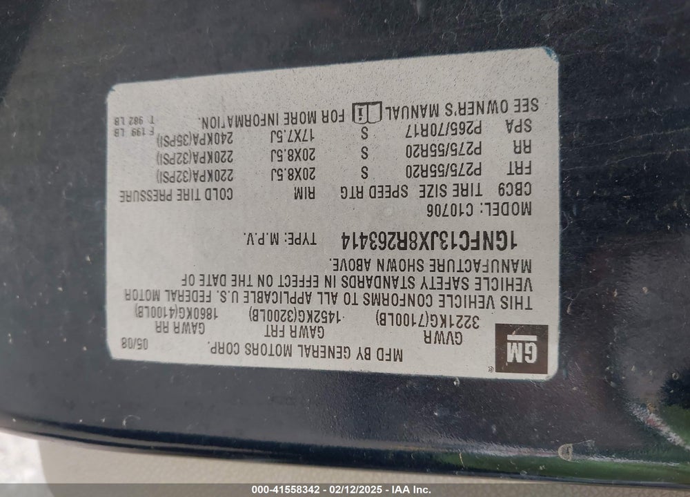 2008 CHEVROLET TAHOE VIN: 1GNFC13JX8R263414