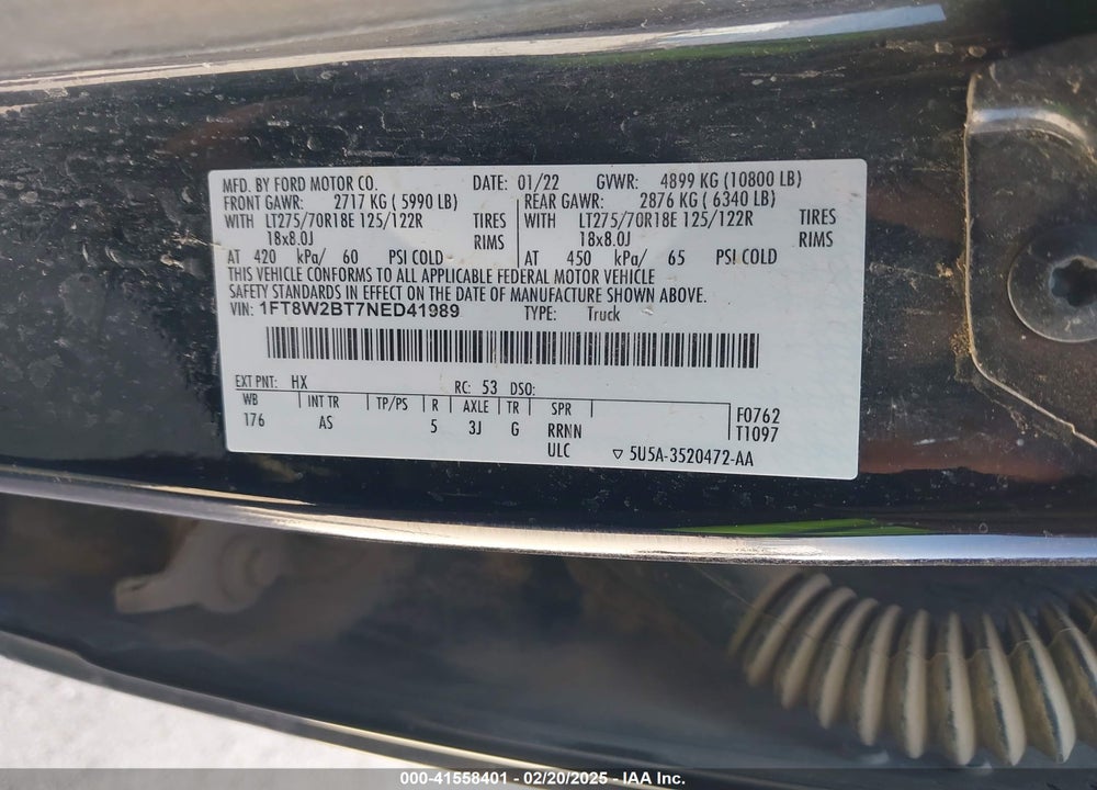 2022 FORD F-250 XL VIN: 1FT8W2BT7NED41989