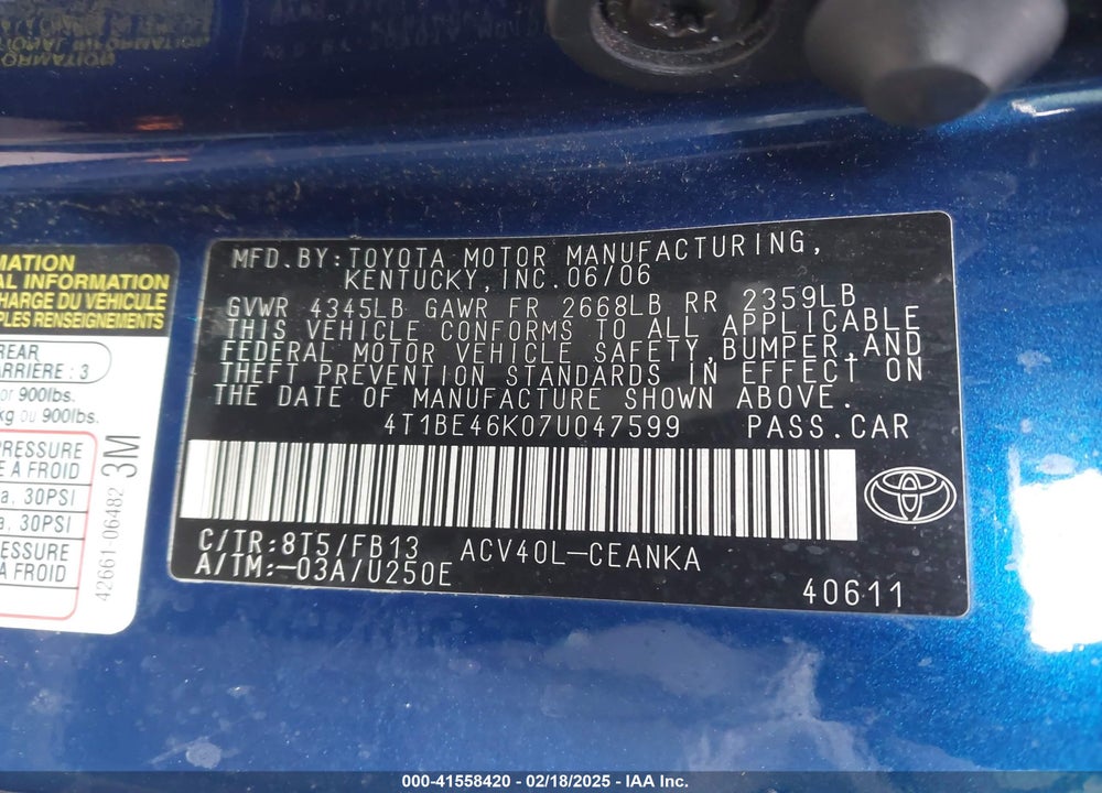 2007 TOYOTA CAMRY LE VIN: 4T1BE46K07U047599
