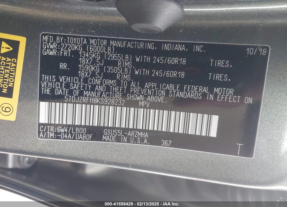 2019 TOYOTA HIGHLANDER VIN: 5TDJZRFH8KS928232