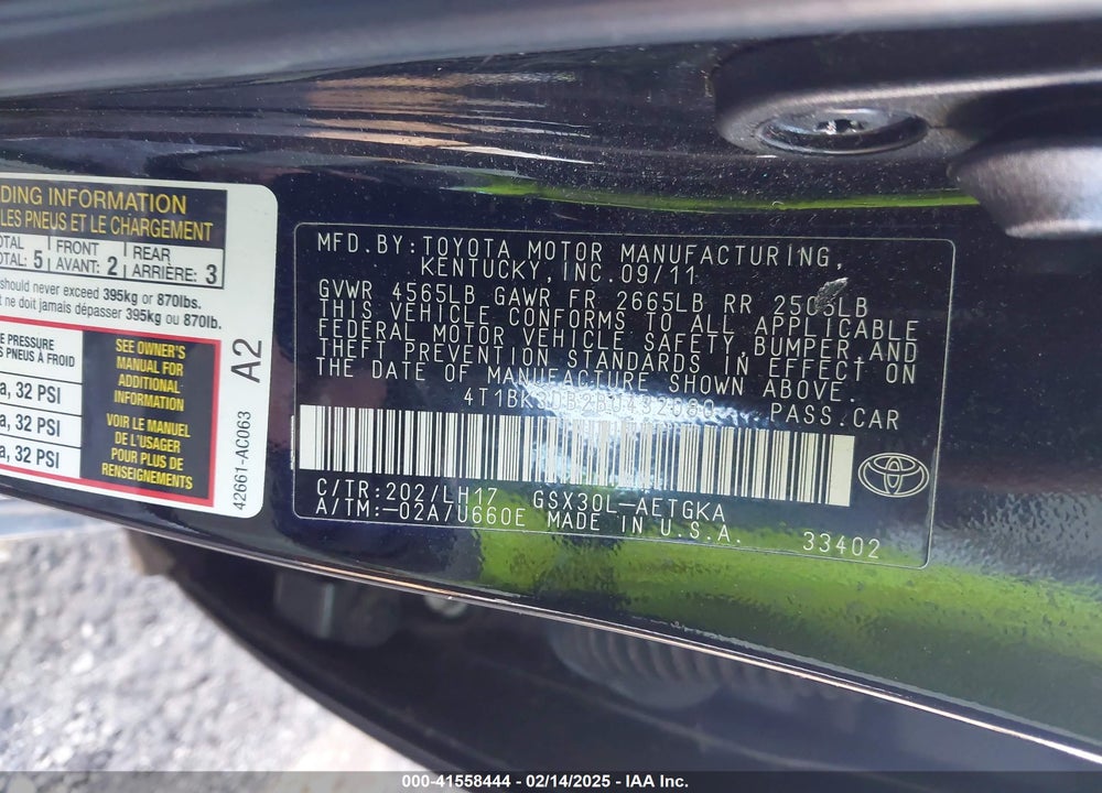 2011 TOYOTA AVALON VIN: 4T1BK3DB2BU432080