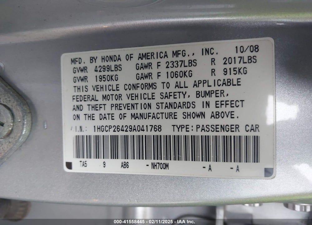 2009 HONDA ACCORD 2.4 LX-P VIN: 1HGCP26429A041768