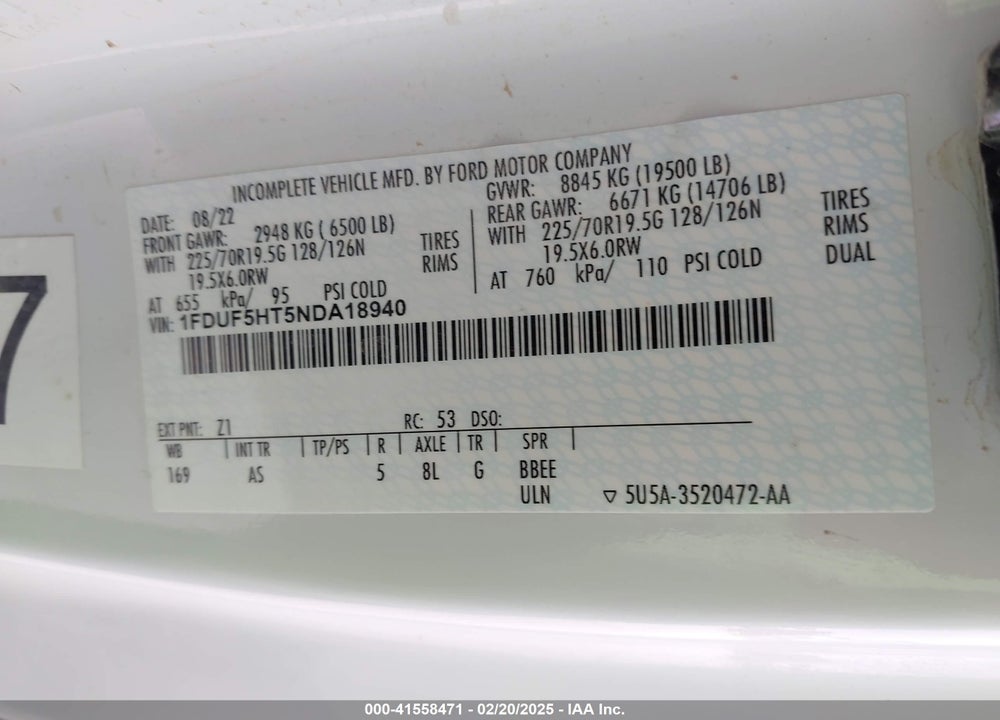 2022 FORD F-550 CHASSIS XL VIN: 1FDUF5HT5NDA18940