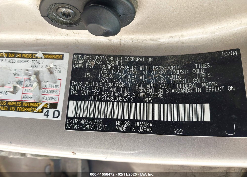 2005 TOYOTA HIGHLANDER V6 VIN: JTEEP21A850086312