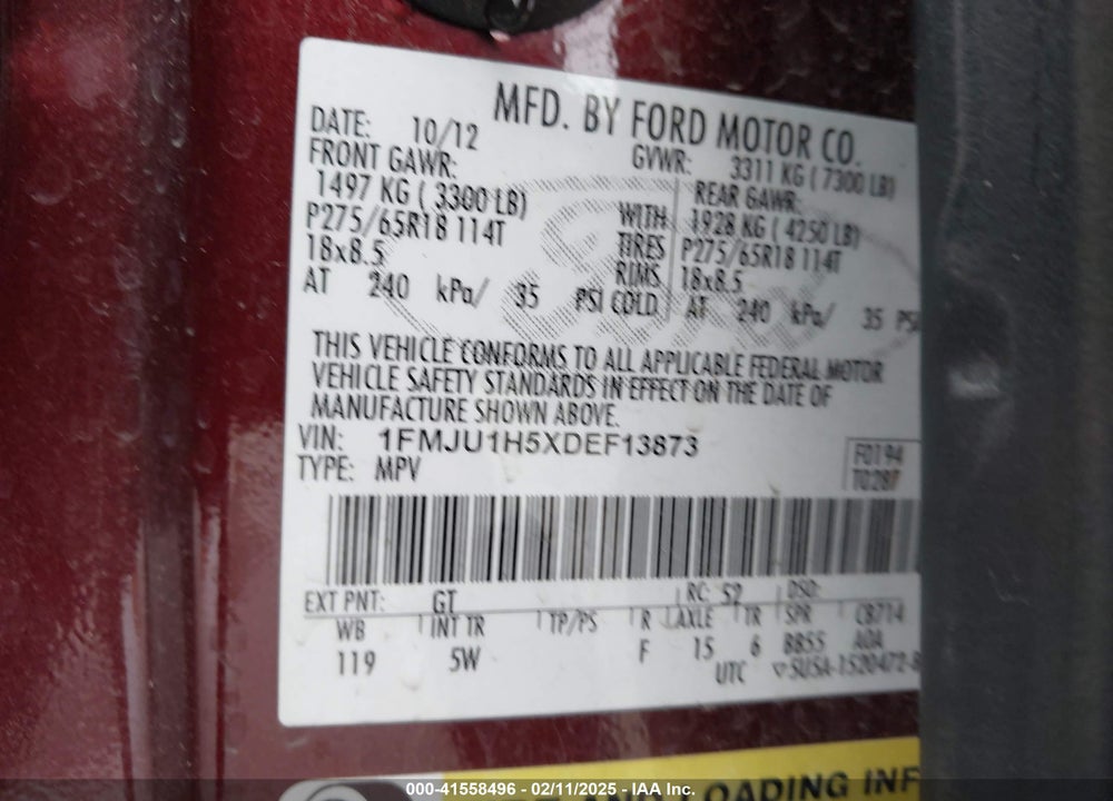 2013 FORD EXPEDITION KING RANCH VIN: 1FMJU1H5XDEF13873