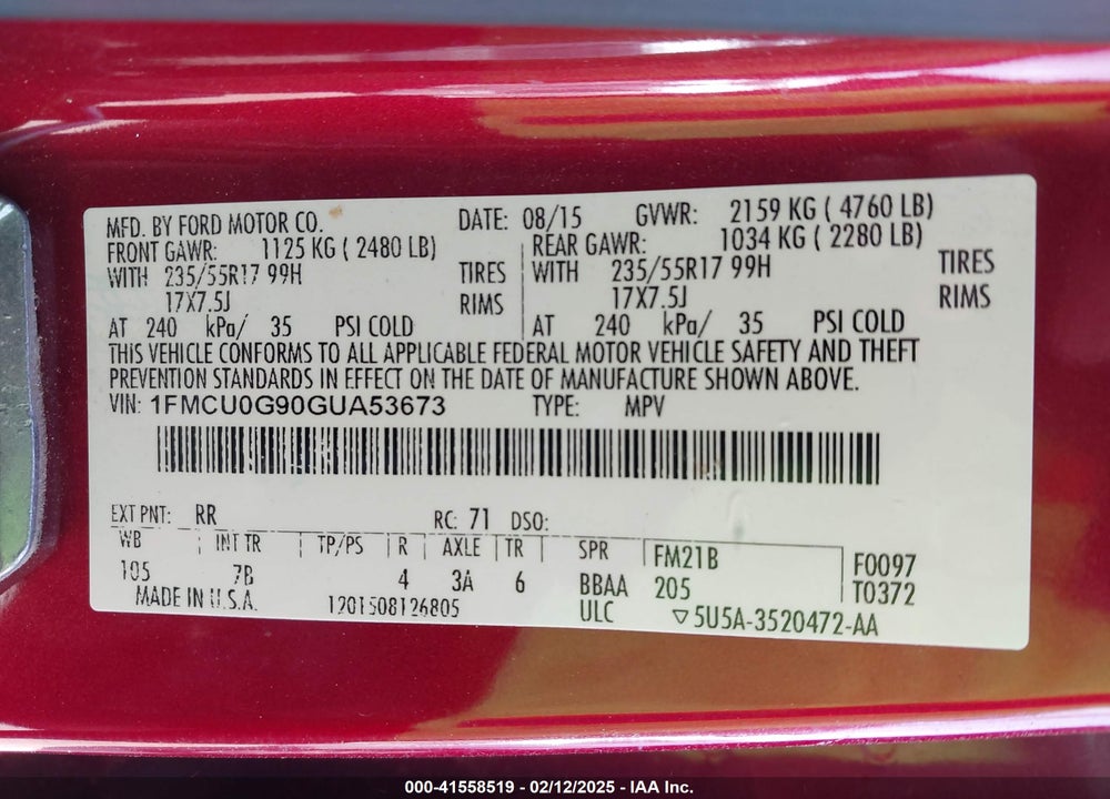 2016 FORD ESCAPE SE VIN: 1FMCU0G90GUA53673