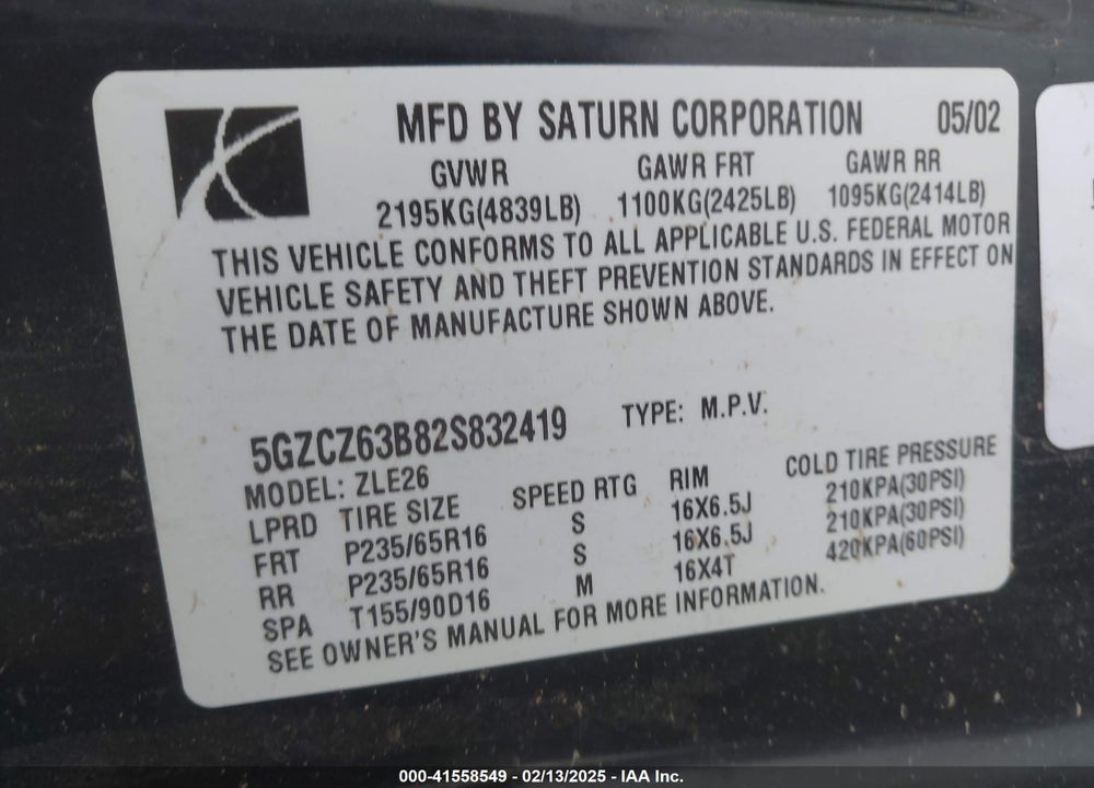 2002 SATURN VUE V6 VIN: 5GZCZ63B82S832419