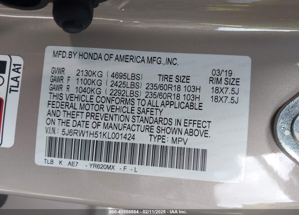 2019 HONDA CR-V VIN: 5J6RW1H51KL001424