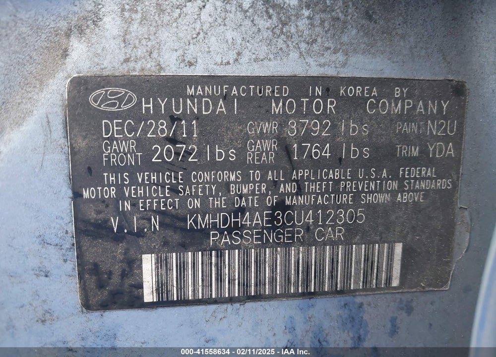 2012 HYUNDAI ELANTRA GLS (ULSAN PLANT) VIN: KMHDH4AE3CU412305