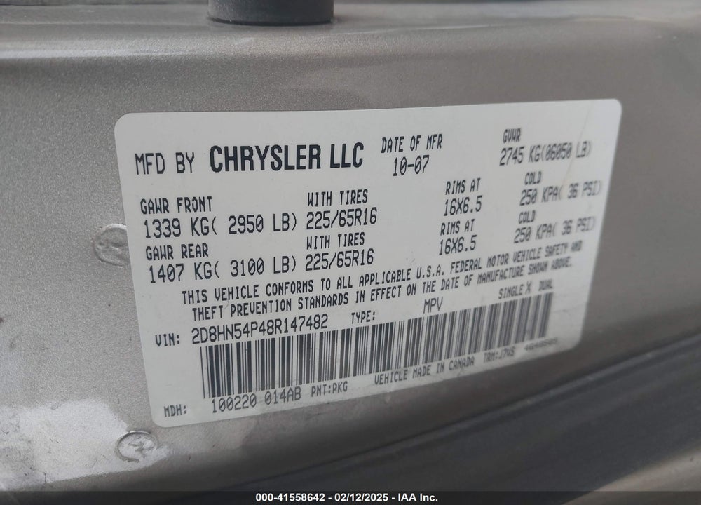2008 DODGE GRAND CARAVAN VIN: 2D8HN54P48R147482