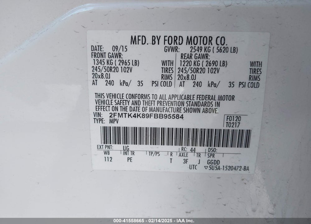 2015 FORD EDGE TITANIUM VIN: 2FMTK4K89FBB95584