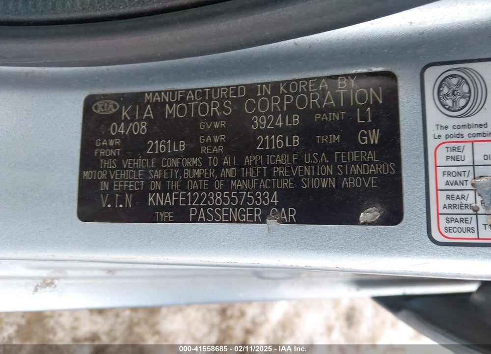2008 KIA SPECTRA VIN: KNAFE122385575334