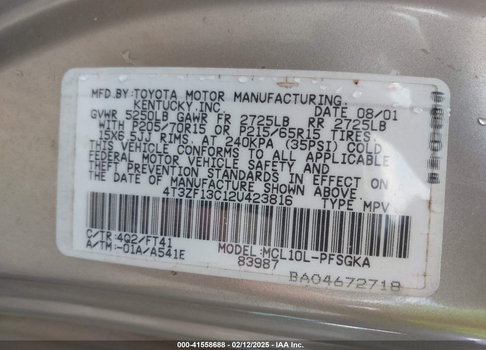 2002 TOYOTA SIENNA LE VIN: 4T3ZF13C12U423816