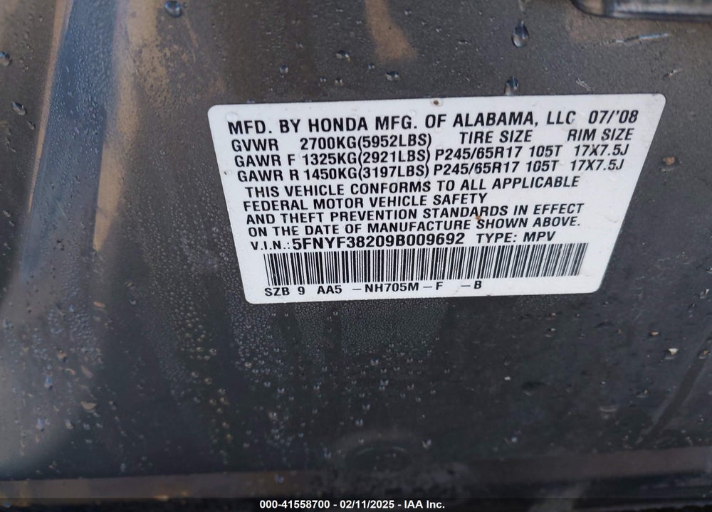 2009 HONDA PILOT LX VIN: 5FNYF38209B009692