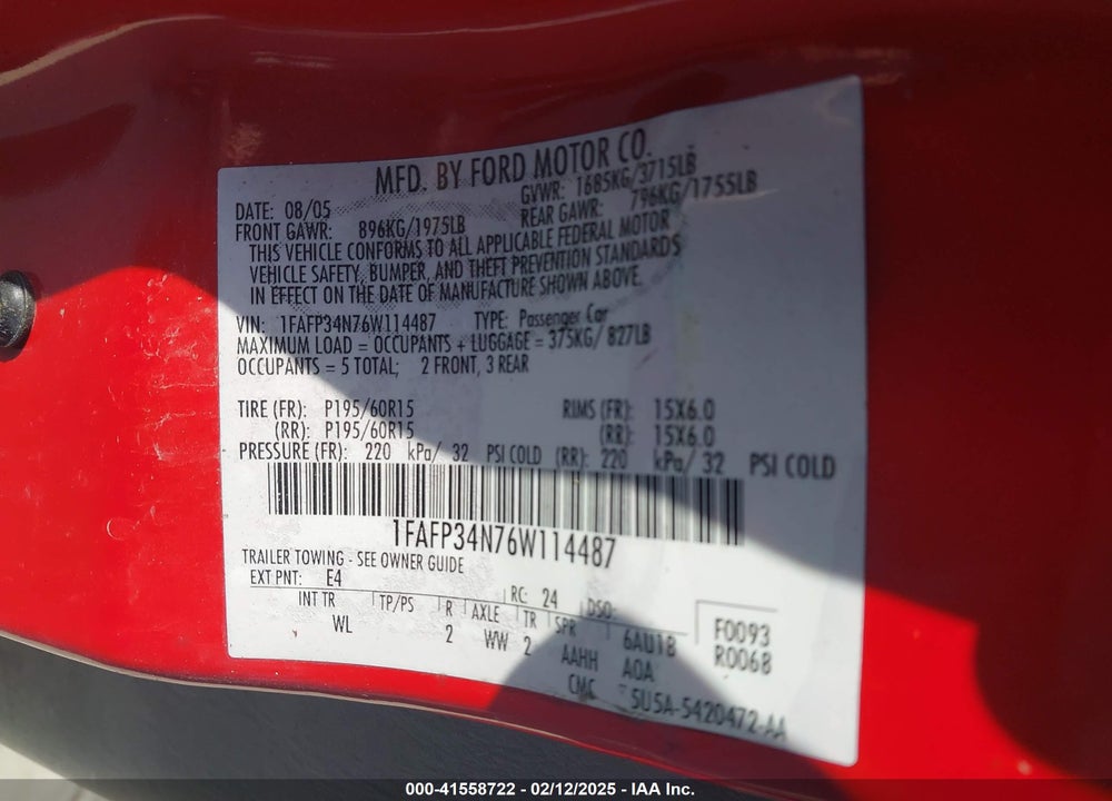 2006 FORD FOCUS VIN: 1FAFP34N76W114487